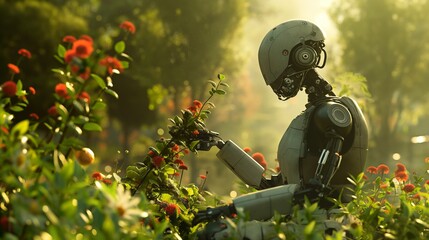 Wall Mural - Robot sitting in a grassy field holding a flower, AI-generated.