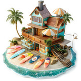 Fototapeta Paryż - 3D Summer Vacation Graphic. Surf shop on the beach. Cute surfing store illustration.
