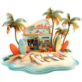 Fototapeta Paryż - 3D Summer Vacation Graphic. Surf shop on the beach. Cute surfing store illustration.