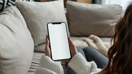 woman holding iphone laying on sofa with white screen mockup and pillow, in the style of use of fabr