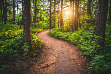 Sticker - A path through a forest with a sun shining through the trees