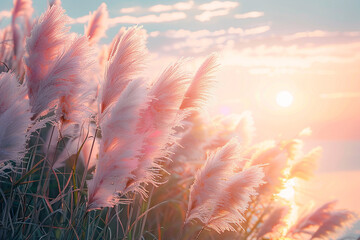 Poster - A field of pink grass with a sun in the background