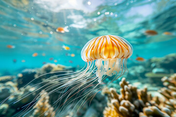 Wall Mural - A jellyfish is swimming in the ocean with many fish swimming around it