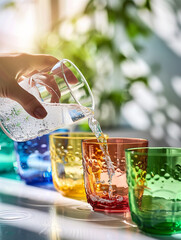 Canvas Print - A person is pouring water into a glass with a green rim