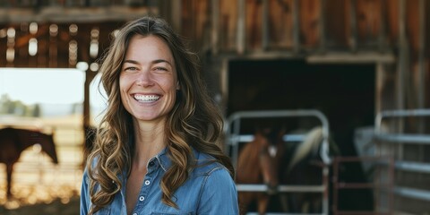 Wall Mural - A young woman is smiling in a barn with two horses in the background.