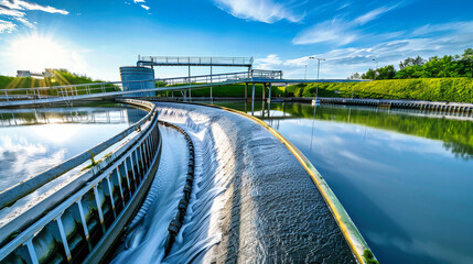 Wall Mural - Purified water flowing elegantly through the treatment plants intricate system, removing impurities to protect the environment