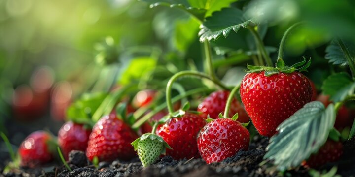 Organic strawberries ripening on the plant, with a close-up on the vibrant red fruits.