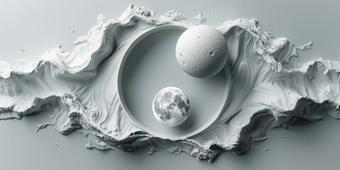 monochromatic moonscape with textured landscapes and celestial bodies, suitable for sci-fi and space