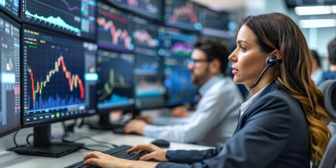 Wall Mural - Traders working at their desks with multiple monitors showing market data