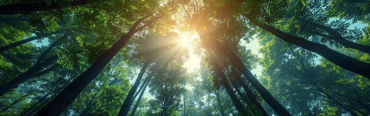 Wall Mural - A forest with trees and sunlight shining through the leaves