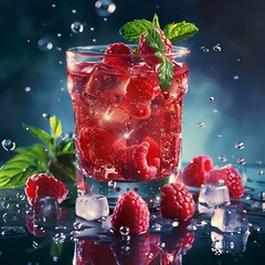 Wall Mural - Raspberry cocktail with ice and mint in a glass on a table, AI-generated.