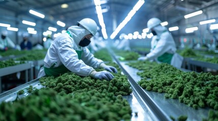 Wall Mural - Workers sorting through cannabis buds in a processing area