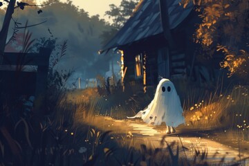 Poster - Adorable ghost figure wanders near a rustic cabin amidst an ethereal forest scene at dusk