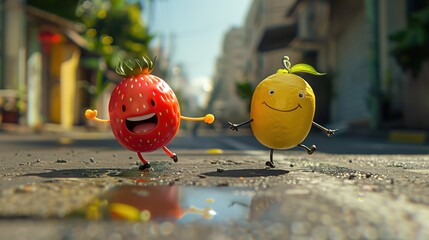 Picture of strawberry and lemon dolls running on the road.