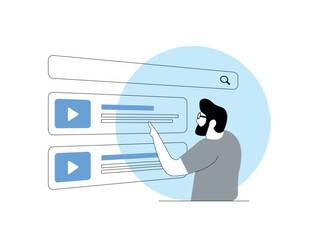  - Personalized video marketing. Man clicks on automatically selected video based on his preferences. Personalized targeted video marketing strategy with custom tape ads. Isolated vector illustration