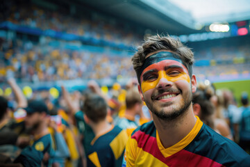 Wall Mural - German soccer fan man with national flag of german painted on his face. Celebrating crowd in a stadium. Cheering during a match in stadium