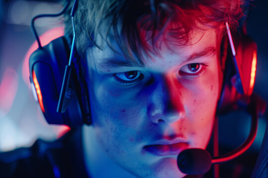 Online Gaming Tournament: Show a close-up of a gamer participating in an online tournament, with abstract gaming graphics or effects in the background for copy space...