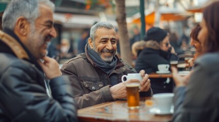 A man with a beard and gray hair is smiling at two other men