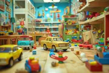 Vibrant and playful toy store scene featuring an assortment of colorful vintage toy cars and whimsical toys