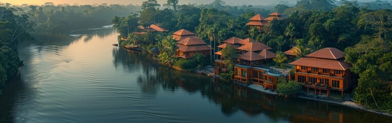 Canvas Print - A river with a row of houses on the bank