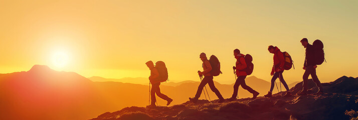 Wall Mural - Group of tourists walking atop of a mountain on sunny sunset.