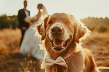 Wall Mural - Happy friendly dog wearing a bow tie participating in outdoor wedding ceremony, with bride and groom on the background.