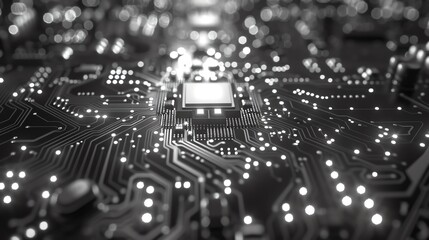 Poster - IT system security front view close up of a secure network hub on a circuit board to showcase cybersecurity measures digital tone black and white