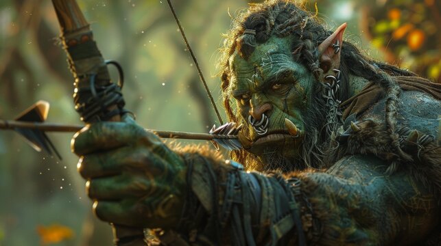 A green ogre with a bow and arrow is depicted in the image