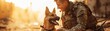 © pawimon - Soldier smiling as he trains a service dog, both in a sunlit military compound, vivid style