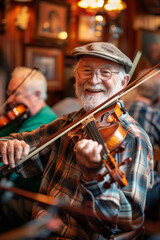 Wall Mural - Cheerful senior musicians performing in a pub. Elderly performer playing a violin. People gathering in the background.