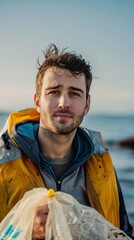 Wall Mural - A man in a yellow jacket is holding a bag and looking at the camera