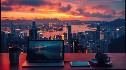 skyline business workspace with laptop and smartphone at Victoria peak, Hong Kong.