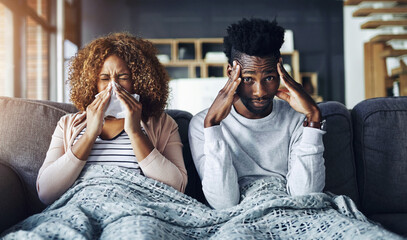 Wall Mural - portrait, sick and woman with man, stress and allergy in living room, illness and virus with tissue.
