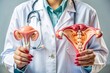 © ilyas - Doctor with Uterus and Ovaries anatomy model. Ovarian and Cervical cancer, Cervix disorder, Endometriosis, Hysterectomy, Uterine fibroids