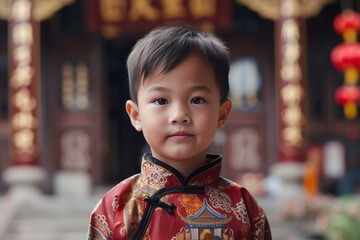 Sticker - Young boy with a sweet smile dressed in a red chinese outfit, with blurred cultural decorations in the background