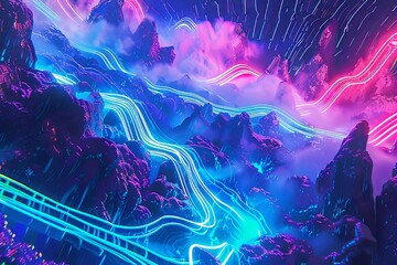 Poster - A mountain illuminated by colorful neon lights, creating a striking visual display of vibrant colors against the dark backdrop