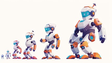 Poster - a cartoon illustration showing the evolution of robots from primitive tracked drones to humanoid cyb
