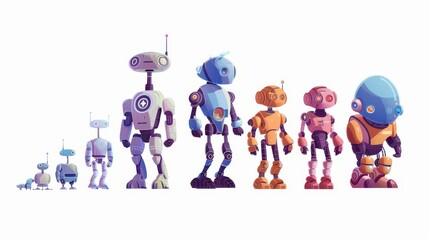Poster - a cartoon illustration of the evolution of robots, artificial intelligence technology, isolated on a