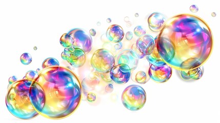 Poster - This realistic modern illustration depicts bursting soap bubbles in colorful rainbow colors deforming as they are blown by the wind, isolated on a white background, has reflections and highlights.