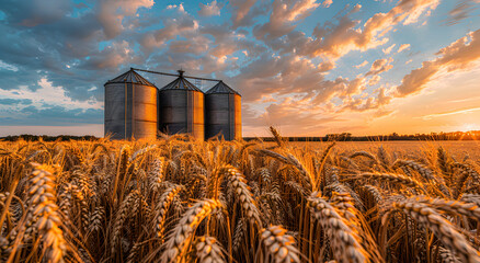 Silos in a wheat field. Metal containers for storing harvested wheat.