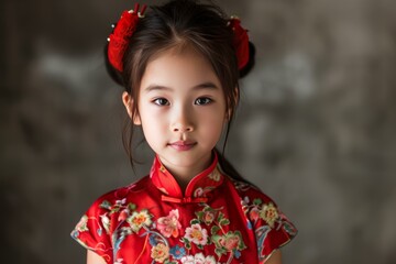 Sticker - Portrait of a young girl in a red chinese dress with elegant hairpins