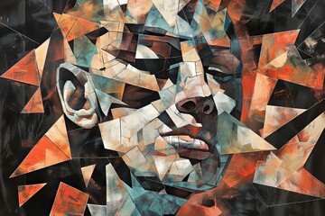 Poster - A painting of a woman whose face is adorned with geometric triangles in various colors