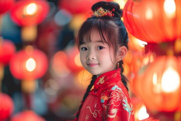 Sticker - Charming young girl smiles in traditional attire surrounded by glowing red lanterns