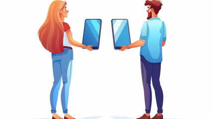 Wall Mural - A man and woman holding a smartphone with a shiny blue screen back view. Modern illustration illustrating gadget users. Mobile device advertising.