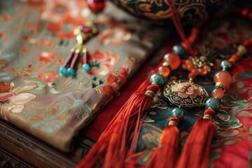 Wall Mural - Closeup of intricate oriental embroidery with elegant tassels and vintage jewelry piece