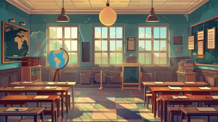 Wall Mural - History class with old teacher and globe on desk. Modern illustration of school class interior with blackboard, globe and historical map.