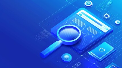 Search engine optimization, analysis service 3d modern illustration, web banner line art. Isometric landing page with large magnifier on blue.