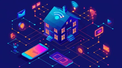 Poster - Internet of things banner. Concept for smart home technology. Modern illustration of a house control system with a clock, smartphone, and electric lamp.