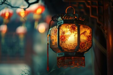 Wall Mural - Closeup of an intricate chinese lantern illuminated against a twilight background