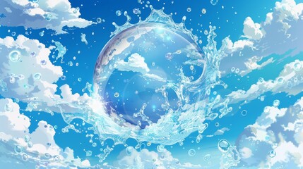 Poster - Water splash sphere on blue sky background with white clouds. Ethically protection of the planet's waters on a blue sky background with white clouds. Liquid splash ball with drops. Realistic 3D
